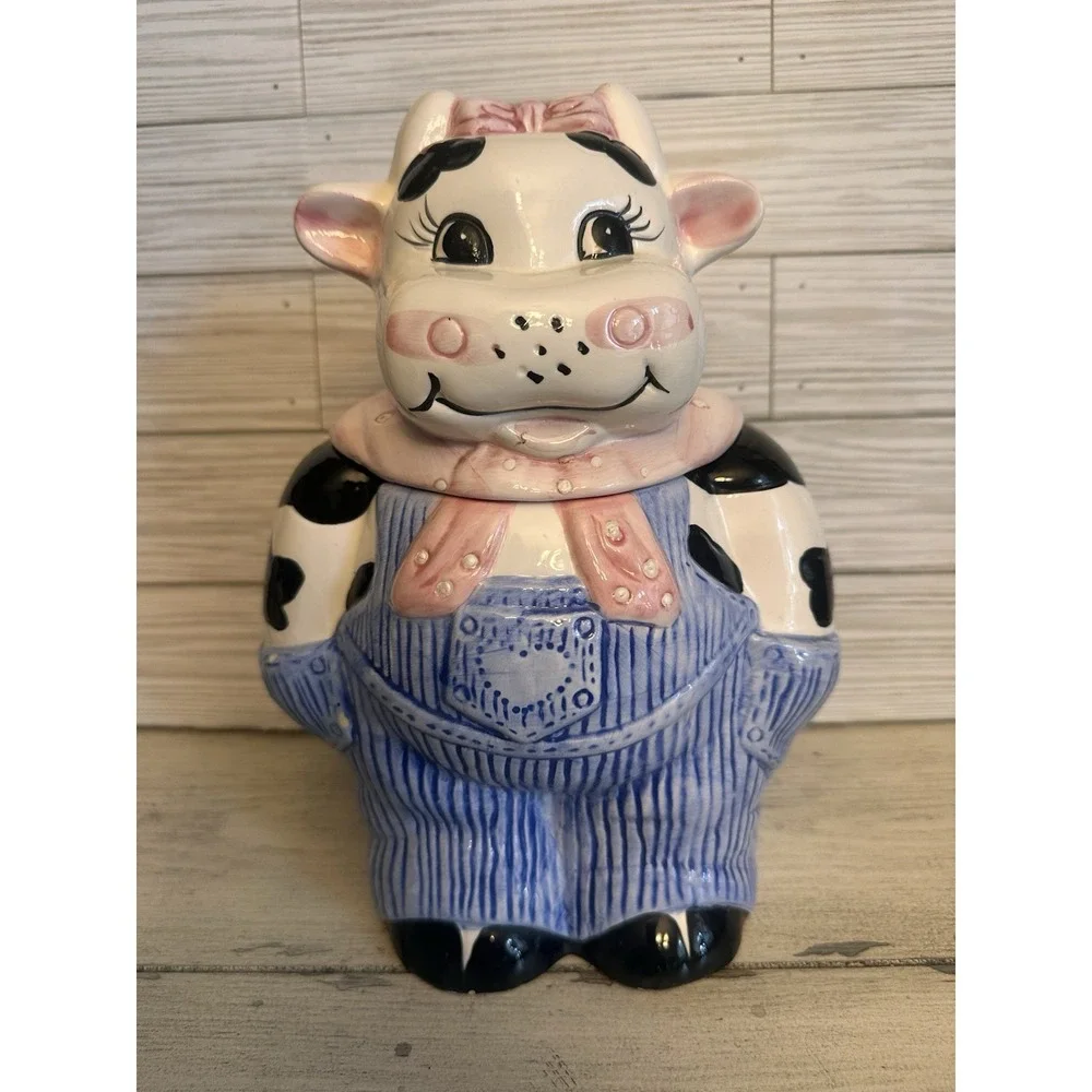Vintage Hand Painted Two Piece Cow In Overalls Cookie Jar Ceramic Late 80's